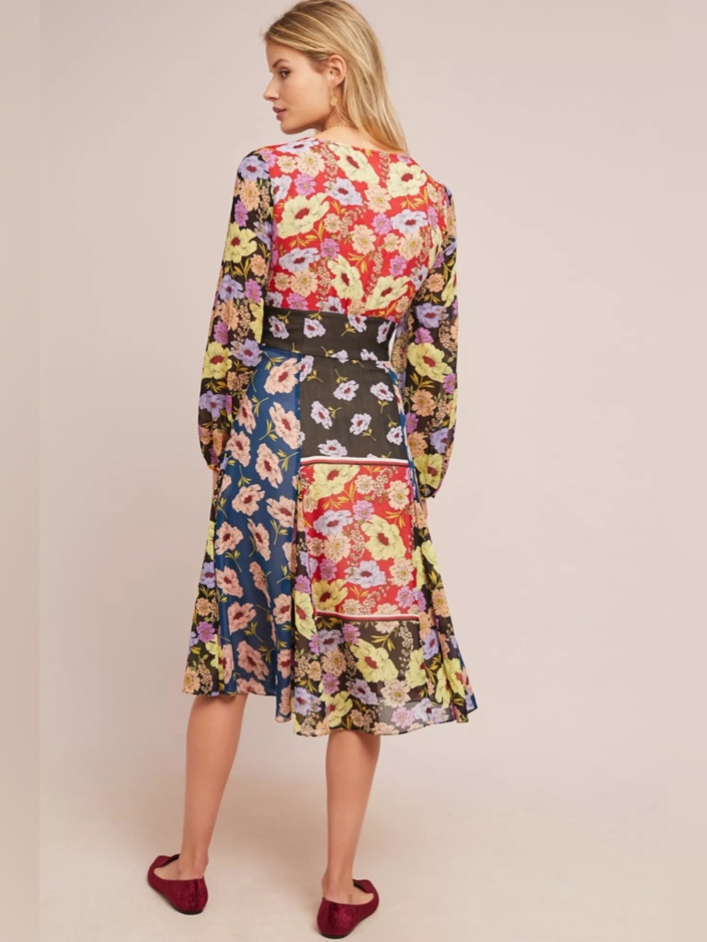 Maeve Anthropologie Patchwork Floral Midi Dress Boho V-Neck Button Front US 10 - Picture 2 of 6